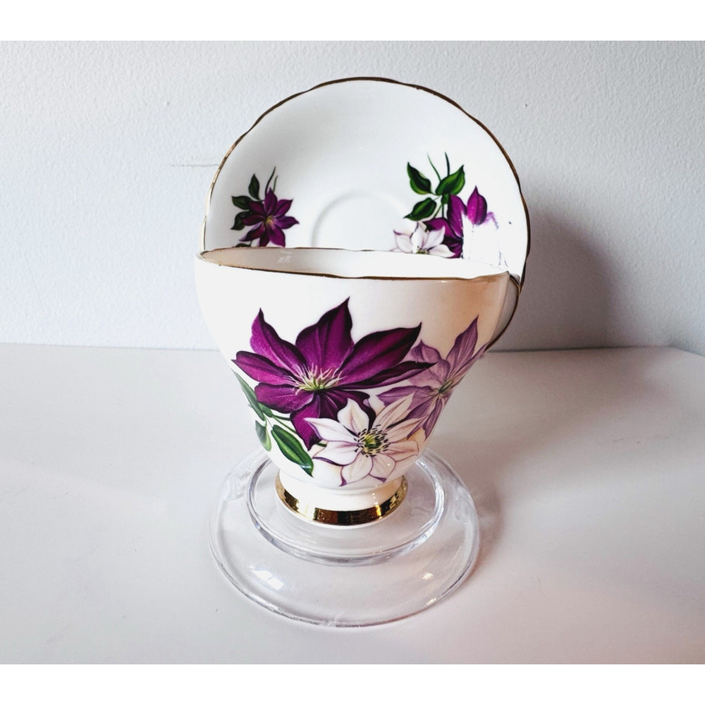 Delphine Bone China Red/Pink/White Magnolias Teacup & Saucer England Vintage